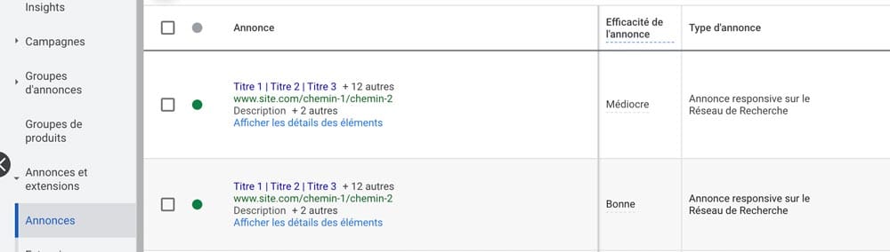 Annonces RSA afficher détails éléments